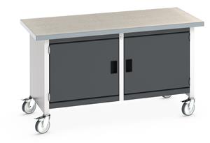 Bott Cubio Mobile Storage Workbench 1500mm wide x 750mm Deep x 840mm high supplied with a Linoleum worktop (particle board core with grey linoleum surface and plastic edgebanding) and 2 x integral storage cupboards (650mm wide x 650mm deep x 500mm high).... 1500mm Wide Mobile Moveable Industrial Storage Benches with Cupboards and Drawers